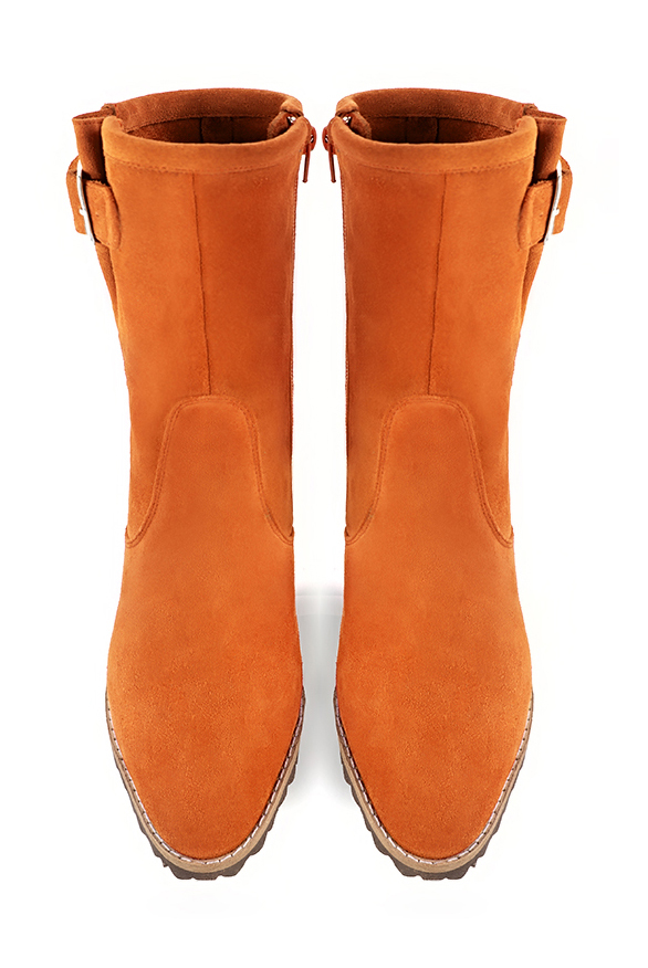 Apricot orange women's ankle boots with buckles on the sides. Round toe. Medium block heels. Top view - Florence KOOIJMAN